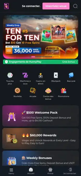Interface de l'application mobile HunnyPlay Casino