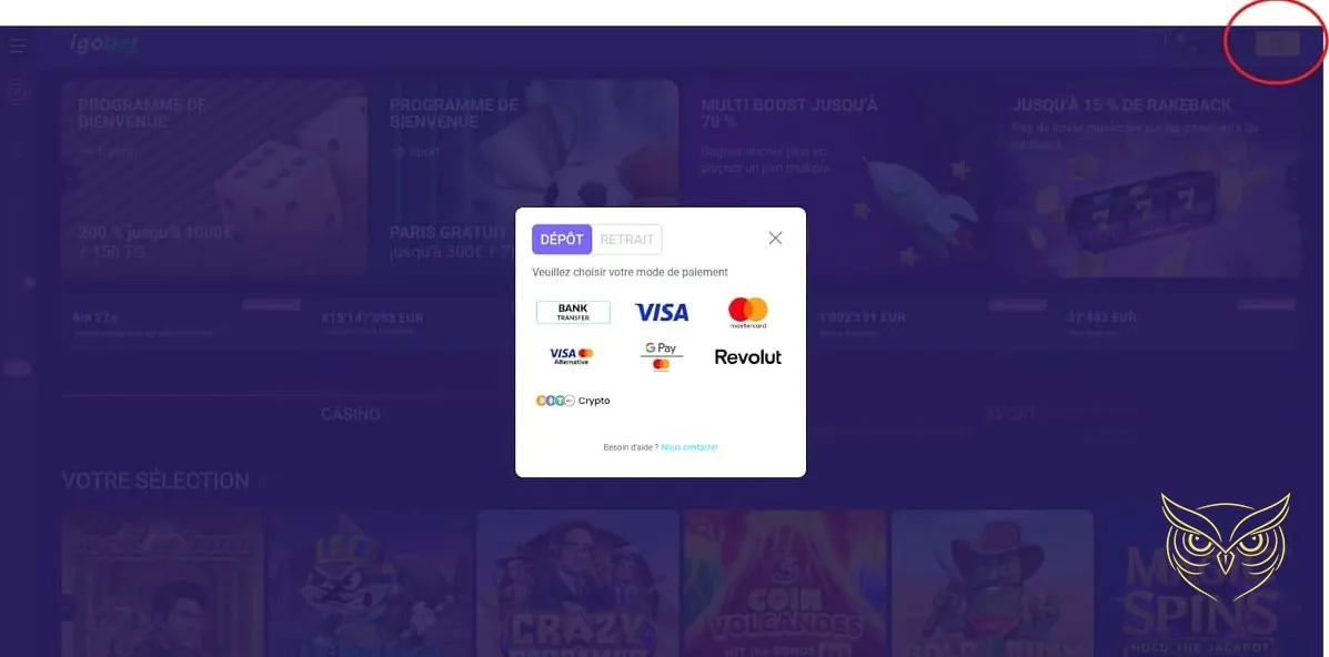 Section paris sportifs du casino Igobet