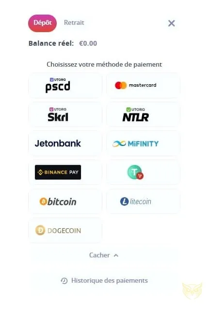 Liste des méthodes de dépôt Infinity Casino