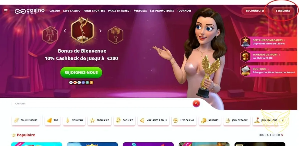 Section des paris virtuels du casino Infinity