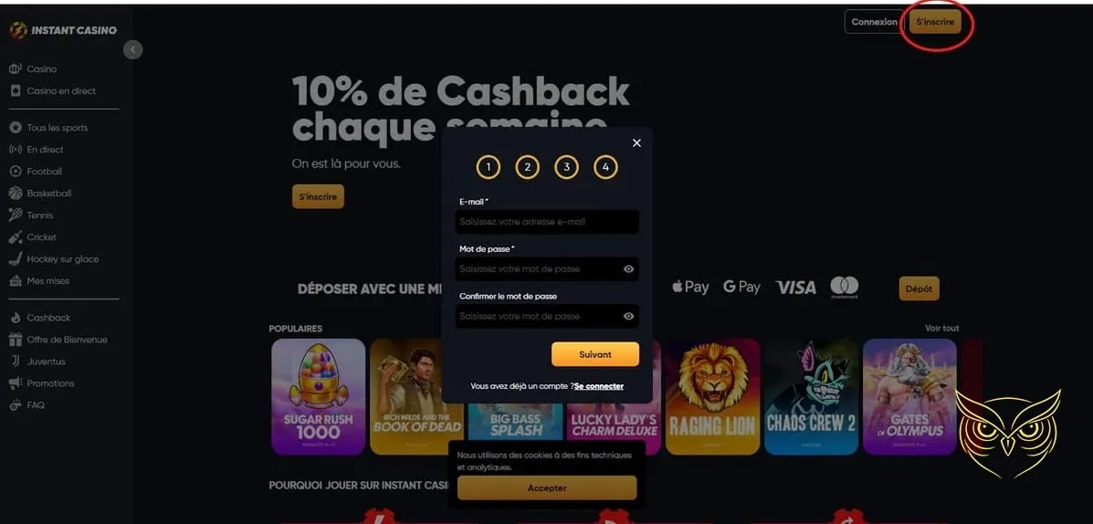 Interface de paris sur courses de chevaux Instant Casino