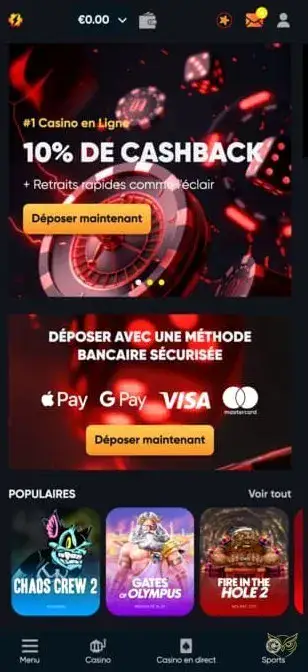 Interface de l'application Instant Casino