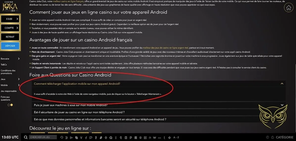 Interface de la ludothèque Joka Casino