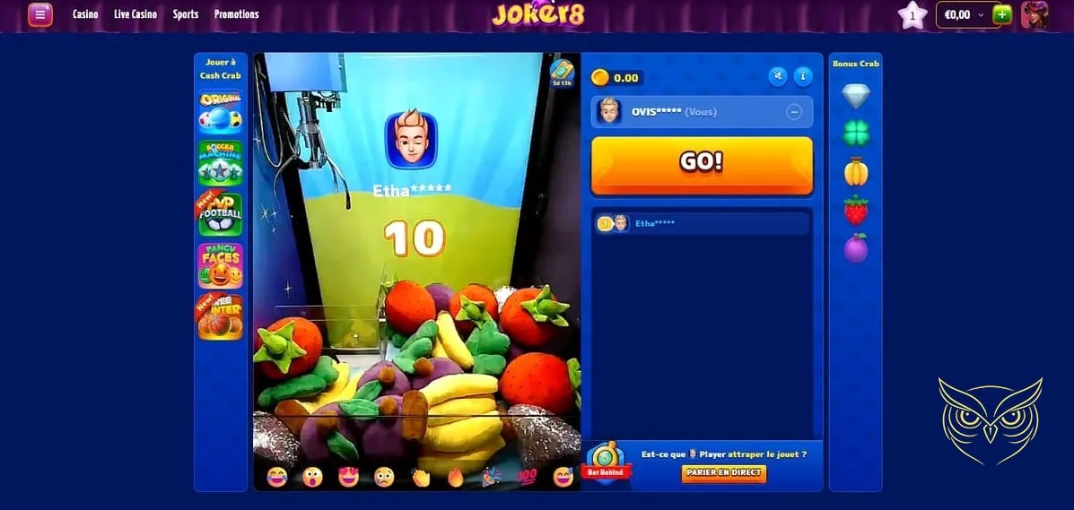 Interface des paris sportifs en direct Joker8 Casino