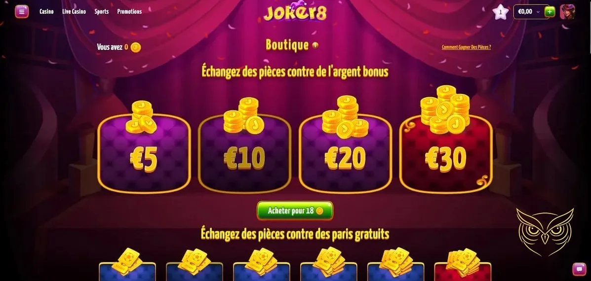 Interface des paris sur sports virtuels Joker8 Casino
