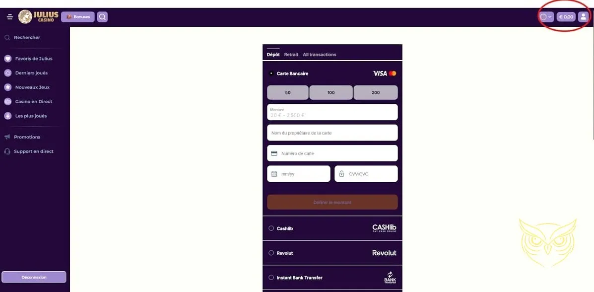 Lobby des jeux de casino en direct Julius