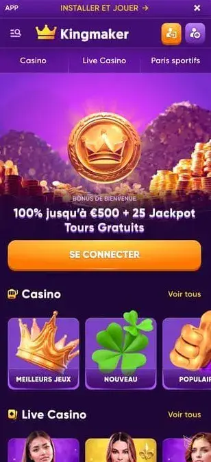 Capture d'écran de l'application mobile Kingmaker Casino