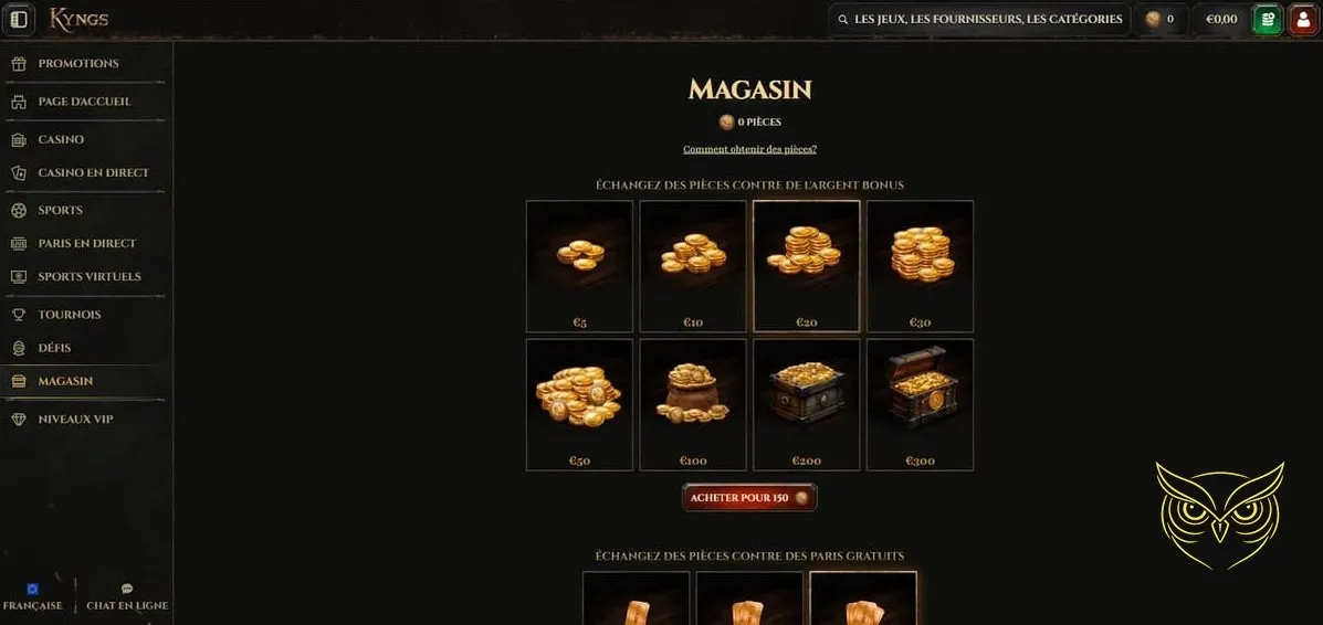 Section des tournois de jeux Kyngs Casino