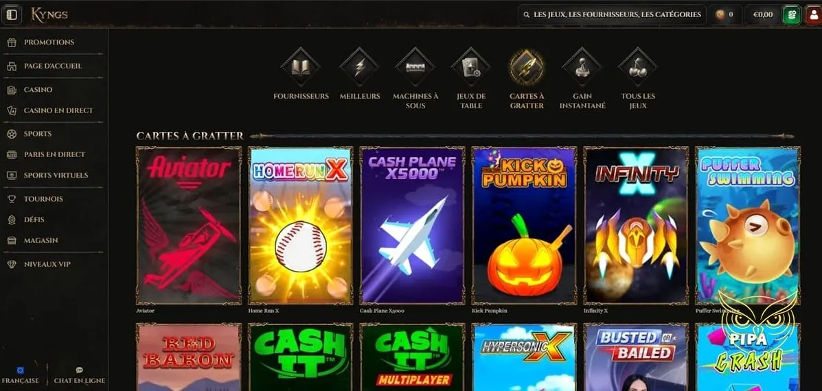 Section des cartes à gratter du casino Kyngs