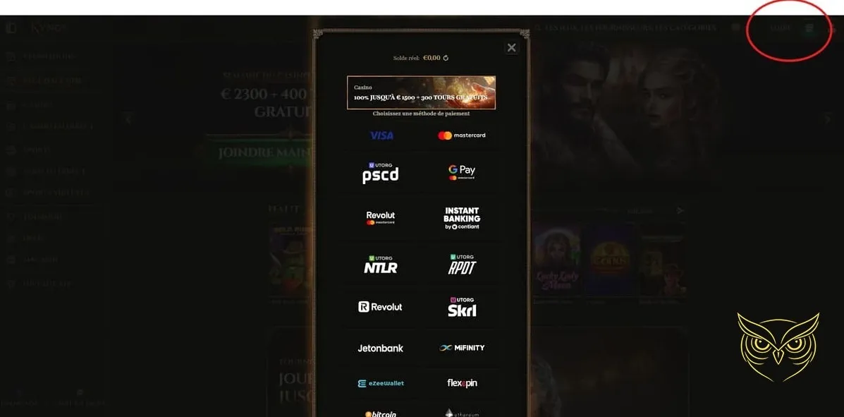 Section de Paris Sportifs sur Kyngs Casino