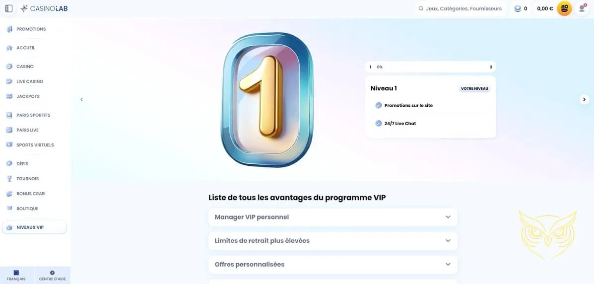 Interface des tournois de jeux de CasinoLab
