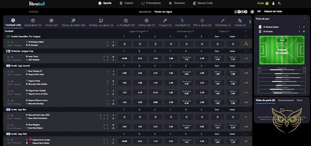 Section des tournois de jeux Librabet