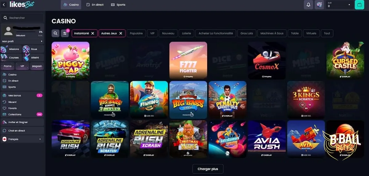 Interface des missions Likes.Bet Casino