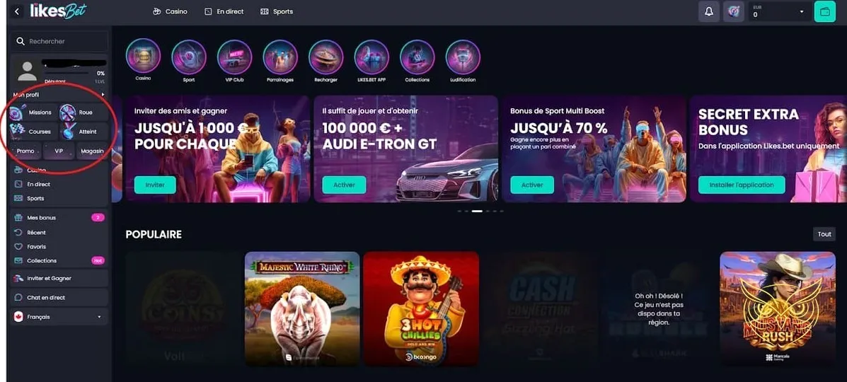 Page d'information Club VIP Likes.Bet Casino