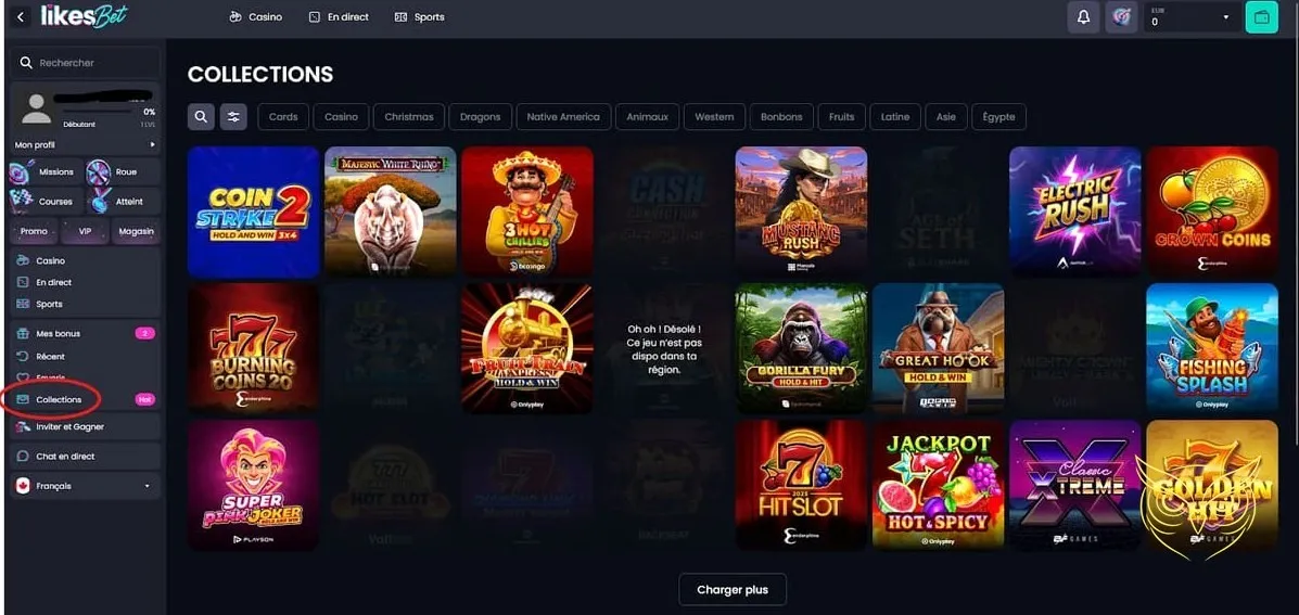 Interface du casino live Likes.Bet