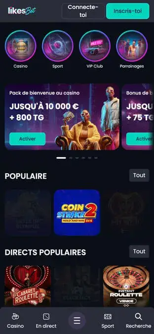 Capture écran application mobile Likes.Bet Casino