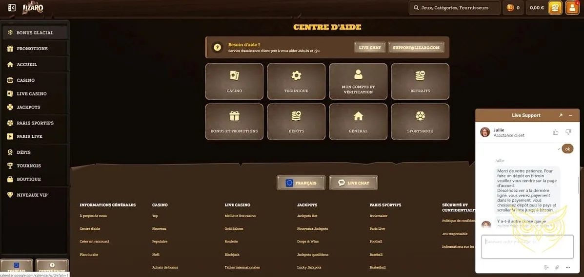 Icône du service client Lizaro Casino disponible.