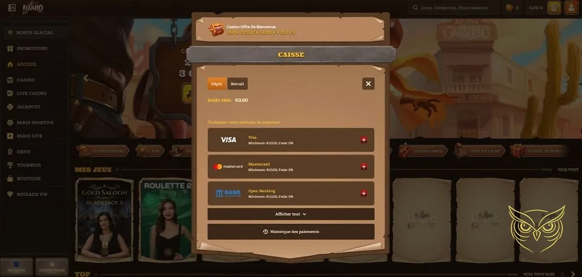 Interface des paris sportifs Lizaro Casino.