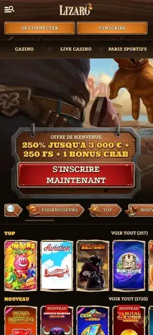 Capture d'écran de l'application mobile Lizaro Casino.