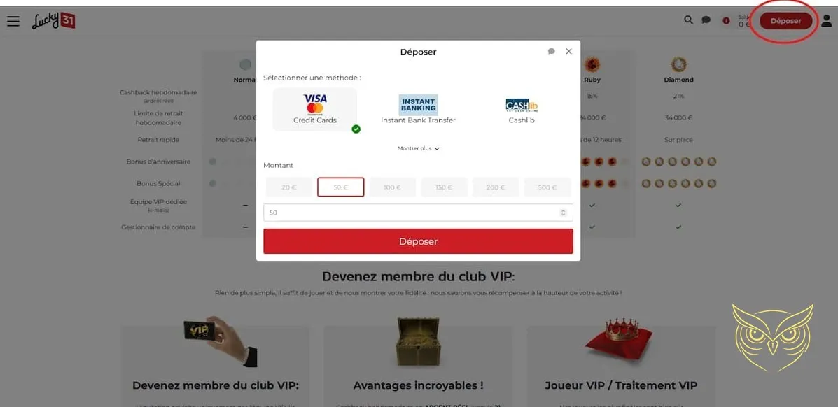 Interface des jeux live du casino Lucky 31.