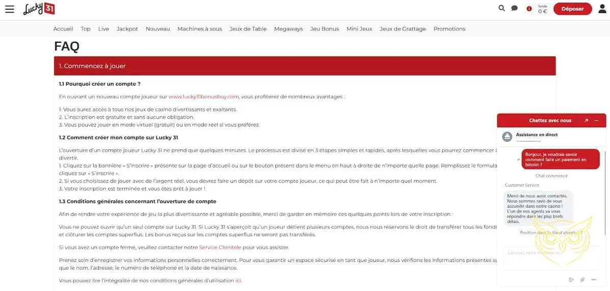 Collection de mini-jeux disponibles sur Lucky 31 Casino.