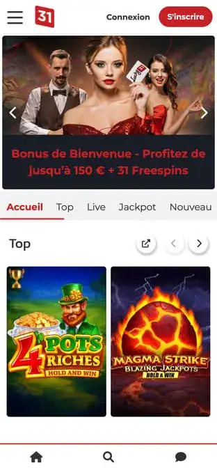 Capture d'écran de l'application mobile Lucky 31 Casino.