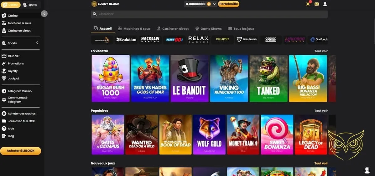 Capture d'écran de l'accueil Lucky Block Casino