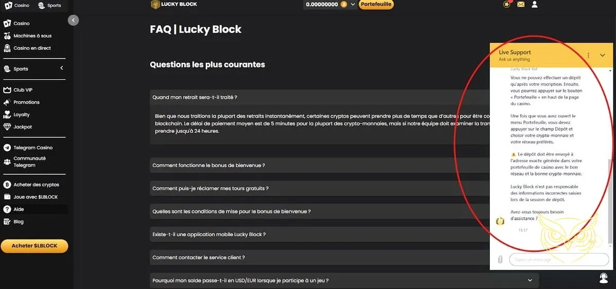 Icône FAQ pour le casino Lucky Block