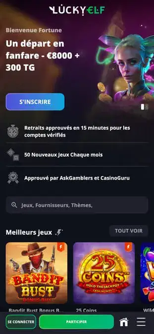 Capture d'écran de l'application mobile Lucky Elf Casino.