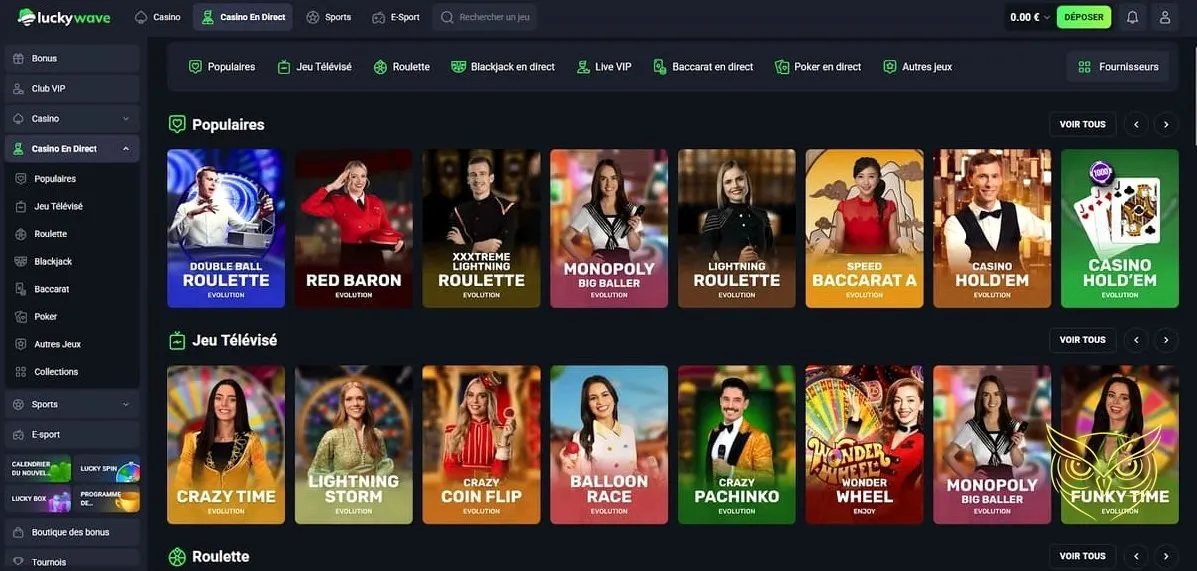 Interface des paris sportifs Lucky Wave Casino