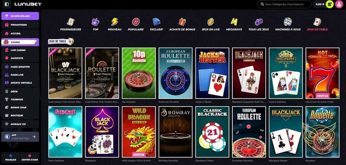 Page des promotions actuelles Lunubet Casino