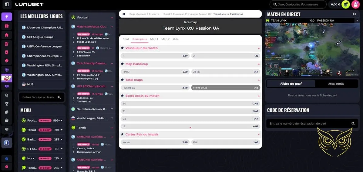 Interface de la boutique Lunubet Casino