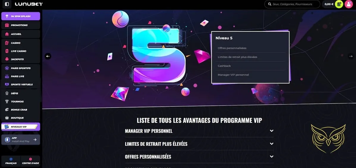 Page de dépôt de fonds Lunubet Casino