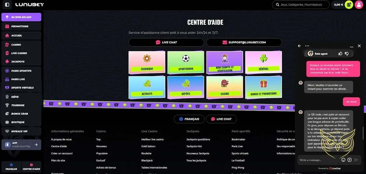 Interface de paris sportifs Lunubet Casino