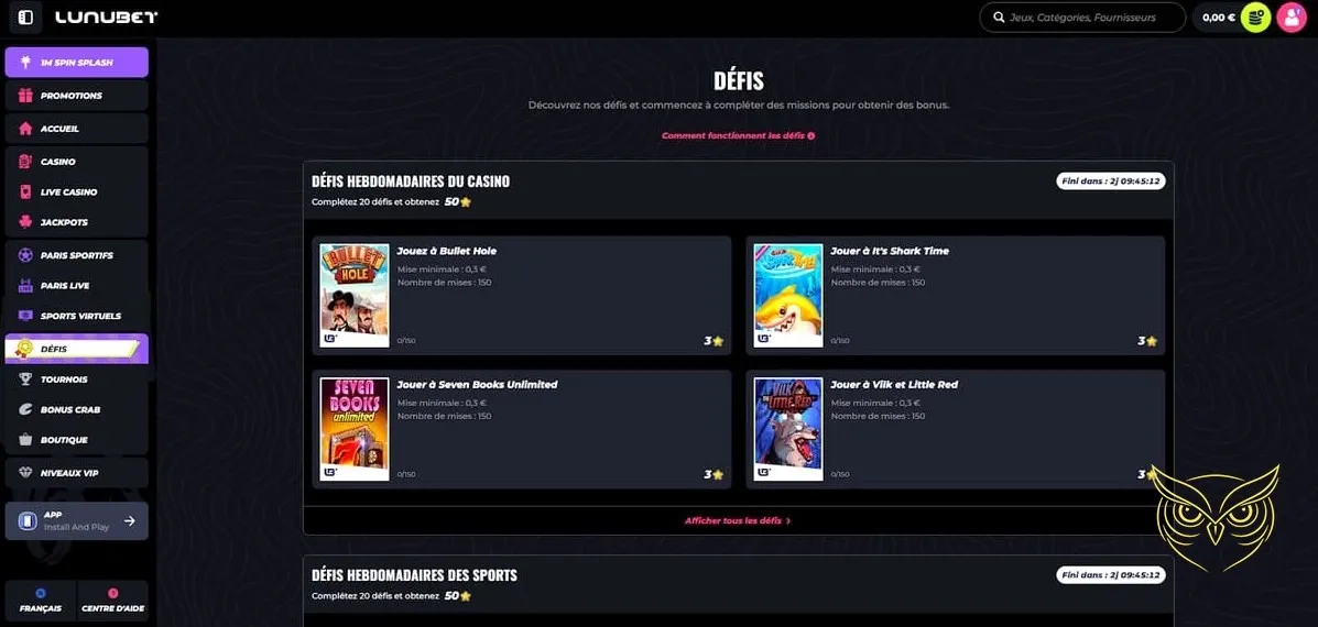 Section des paris sportifs en direct Lunubet Casino