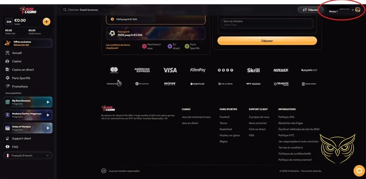 Formulaire d'inscription du Mad Casino