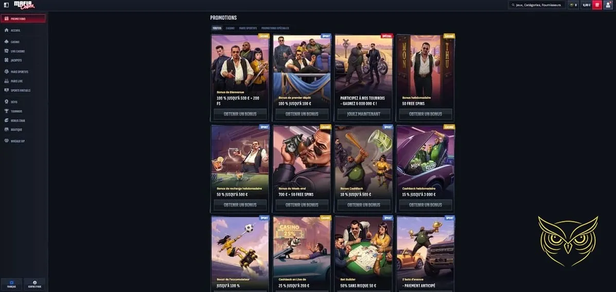 Capture d'écran des niveaux VIP du Mafia Casino