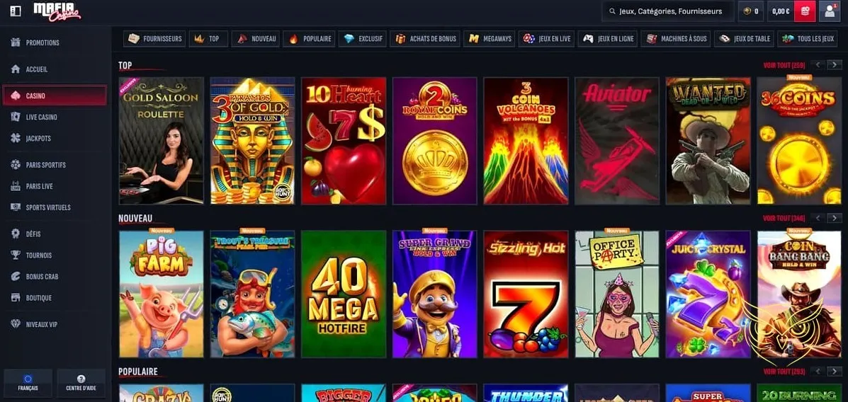 Interface de dépôt de fonds au Mafia Casino