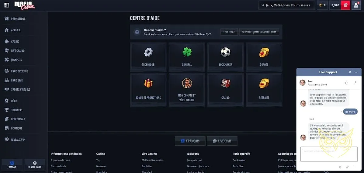 Interface de paris sportifs Mafia Casino