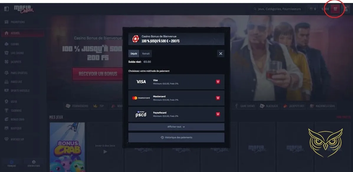 Section des paris sportifs en live Mafia Casino