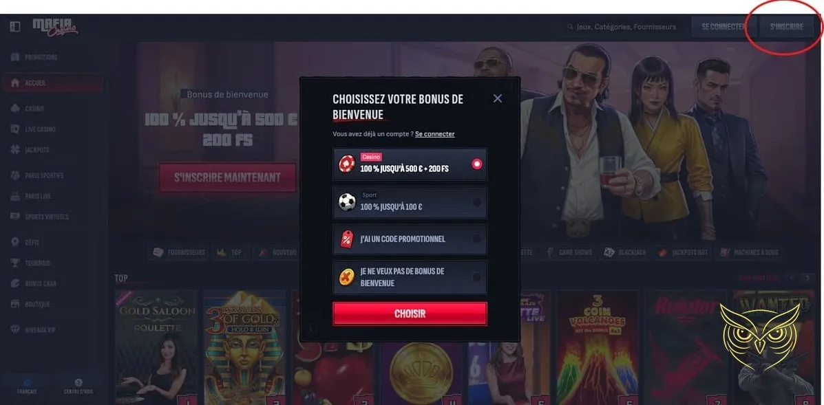 Interface des sports virtuels Mafia Casino