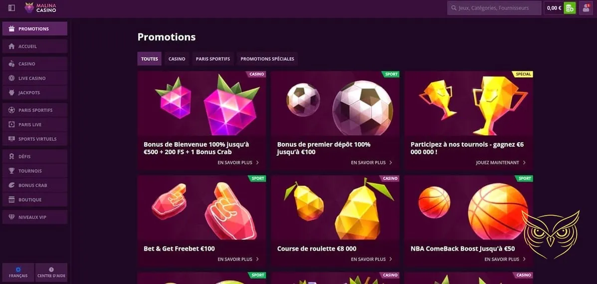 Page d'accueil du site Malina Casino
