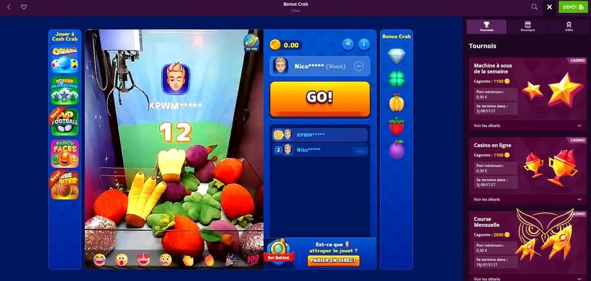 Interface des jeux de casino live Malina