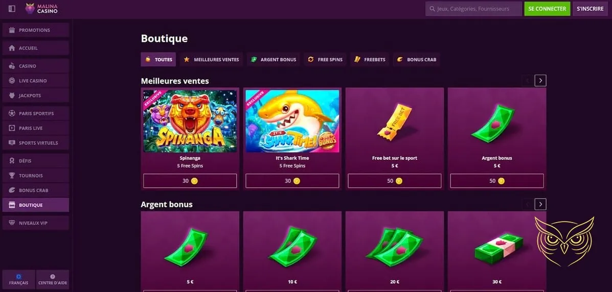 Interface des paris sportifs live Malina Casino