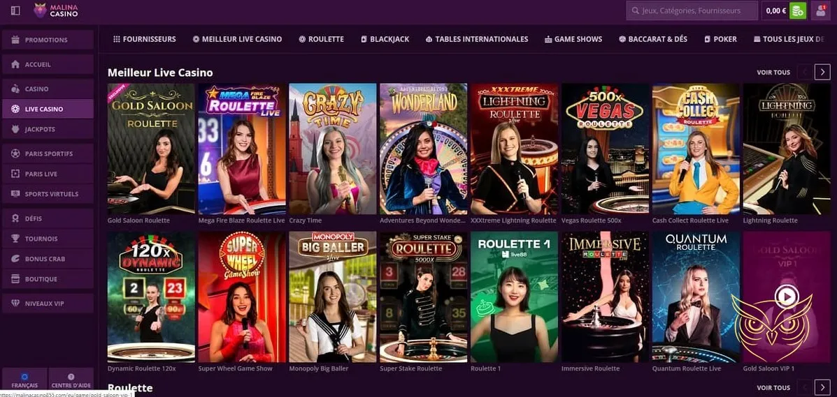 Interface des sports virtuels du Malina Casino