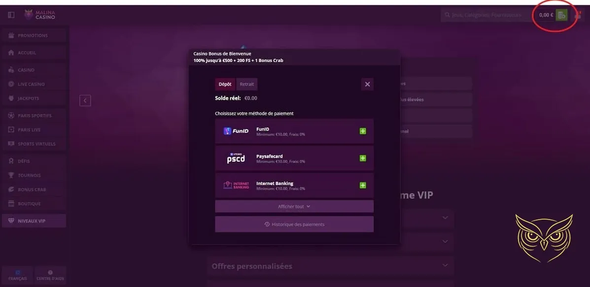 Page des autres promotions du Malina Casino