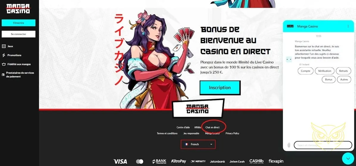 Fenêtre de discussion du live chat Manga Casino