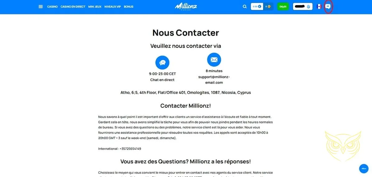 Icône ou page du service client Millionz Casino