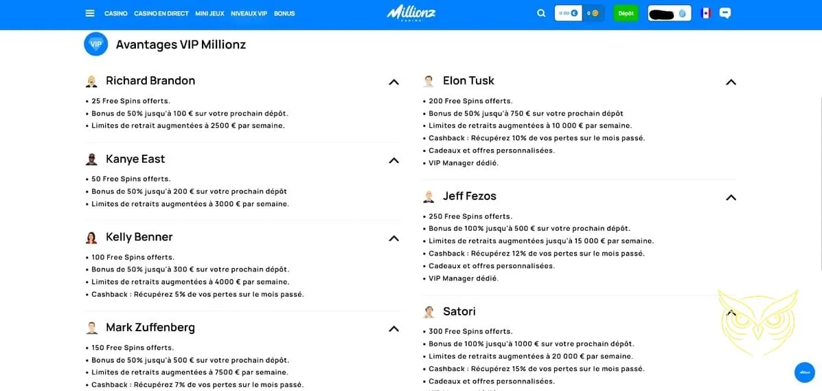 Formulaire d'inscription au Millionz Casino en ligne