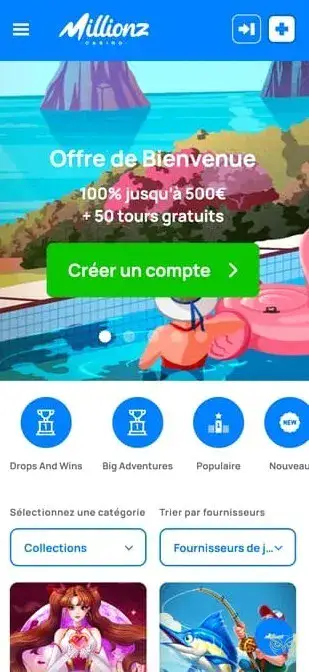 Capture d'écran de l'application mobile Millionz Casino